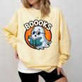 BOOOKS Cute Ghost Reading Books Halloween Comfort Colors Sweatshirt Blue Spruce