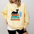 Cat And Books Retro Midcentury Mid Century Aesthetic Comfort Colors Sweatshirt Blue Spruce