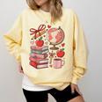 Coquette Teacher School Supplies Bows Books Globe Apple Cute Comfort Colors Sweatshirt Blue Spruce