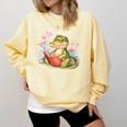 Crocodile Reading Book Watercolor Flowers Kids Comfort Colors Sweatshirt Blue Spruce