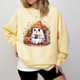 Cute Ghost Drinking Coffee Halloween Reading Book Retro Comfort Colors Sweatshirt Blue Spruce