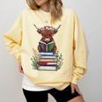 Cute Highland Cow With Book Floral Bookworm Librarian Book Comfort Colors Sweatshirt Blue Spruce