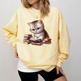 Cute Kitten Bookworm Adorable Cat With Glasses Reading Book Comfort Colors Sweatshirt Blue Spruce