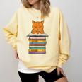Cute Orange Tabby Cat Reading On Pile Of Books Comfort Colors Sweatshirt Blue Spruce