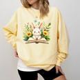 Cute Rabbit And Book Women Girls Reading Book Rabbit Lover Comfort Colors Sweatshirt Blue Spruce