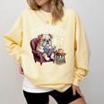 English Bulldog Dog Reading Book 67 Six Seven Meme Comfort Colors Sweatshirt Blue Spruce