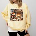 Fox Reads By Fireplace In Cabin Rustic Book Cozy Cup Tea Comfort Colors Sweatshirt Blue Spruce
