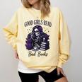 Good Girls Read Bad Books Sarcastic Skeleton Goth Skull Comfort Colors Sweatshirt Blue Spruce