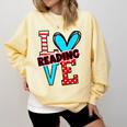 I Heart Books Love Reading Red And Stripe Animated Cat For Men Women Girls Kids Comfort Colors Sweatshirt Blue Spruce