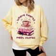Where Hearts Groovy Meet Stories Coffee Books Valentines Day Comfort Colors Sweatshirt Blue Spruce