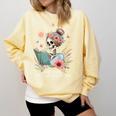 Just A Girl Who Loves Books Messy Bun Book Skeleton Bookworm Comfort Colors Sweatshirt Blue Spruce