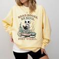 Read Books Be Kind Stay Weird Skeleton Reading Book Lover Comfort Colors Sweatshirt Blue Spruce
