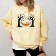 Skeleton Reading Book In Hammock Halloween Reader Comfort Colors Sweatshirt Blue Spruce