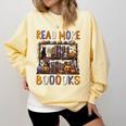 Spooky Halloween Bookshelf Bookcase Read More Books Comfort Colors Sweatshirt Blue Spruce