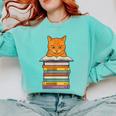 Cute Orange Tabby Cat Reading On Pile Of Books Comfort Colors Sweatshirt Butter