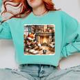 Fox Reads By Fireplace In Cabin Rustic Book Cozy Cup Tea Comfort Colors Sweatshirt Butter