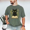 Cat Reading Book Flowers Men's Comfort Colors T-Shirt Moss