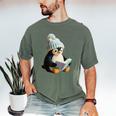 Cute Penguin Reading Book Faux-Crochet Print Men's Comfort Colors T-Shirt Moss