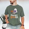 Halloween Teacher Women Cute Reading Ghost Read More Books Men's Comfort Colors T-Shirt Moss