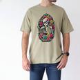 Book Lover Skeleton Reading With Dia De Los Muertos Flowers Men's Comfort Colors T-Shirt Khaki