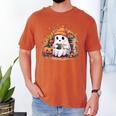 Cute Ghost Drinking Coffee Halloween Reading Book Retro Men's Comfort Colors T-Shirt Yam