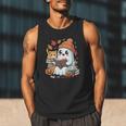 Cute Cozy Ghost Reading With Cat Book Lover Autumn Fall Men Tank Top