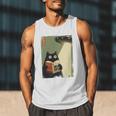 Vintage Japanese Cat Book Lovers UFO Alien Abduction Cat Dad Men Tank Top
