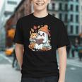 Cute Cozy Ghost Reading With Cat Book Lover Autumn Fall Graphic Youth