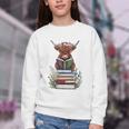 Cute Highland Cow With Book Floral Bookworm Librarian Book Youth Crewneck Sweatshirt