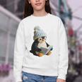 Cute Penguin Reading Book Faux-Crochet Print Youth Crewneck Sweatshirt
