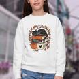 Fall Book Teacher Cat Books Halloween Autumn Librarian Youth Crewneck Sweatshirt