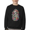 Book Lover Skeleton Reading With Dia De Los Muertos Flowers Youth Crewneck Sweatshirt