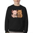 Capybara Axolotl Kawaii Kids Anime Book Lover Reading Youth Crewneck Sweatshirt