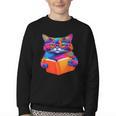 Cat Book Shirt Colorful Cat Reading Book Youth Crewneck Sweatshirt
