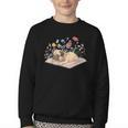 Color Floral Cute Pug Dog On Book Reading Bookworm Reader Youth Crewneck Sweatshirt