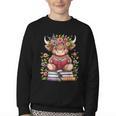 Cute Baby Highland Cow With Reading Book Bookworm Youth Crewneck Sweatshirt