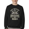 Easily Distracted By Books & Dragons Bookworm Reading Youth Crewneck Sweatshirt