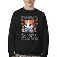 Easily Distracted By Coffee Cats And Books Youth Crewneck Sweatshirt