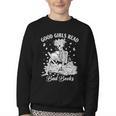 Good Girls Read Bad Books Skeleton Reading Book Halloween Youth Crewneck Sweatshirt