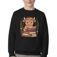 Highland Cow Reading Book Graphic Cow With Book Floral Youth Crewneck Sweatshirt