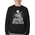 Skeleton Reading Book Anxious Stressed True Crime Obsessed Youth Crewneck Sweatshirt