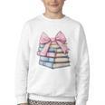 Book Lover Coquette Bow Pink Dainty Ribbon Cute Bookworm Youth Crewneck Sweatshirt