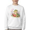 Crocodile Reading Book Watercolor Flowers Kids Youth Crewneck Sweatshirt