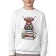 Cute Highland Cow With Book Floral Bookworm Librarian Book Youth Crewneck Sweatshirt
