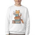 Kawaii Cat Coffee Books Teacher Men Women Girls Kids Youth Crewneck Sweatshirt