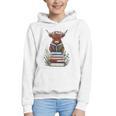 Cute Highland Cow With Book Floral Bookworm Librarian Book Graphic Youth Hoodie