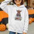 Cute Highland Cow With Book Floral Bookworm Librarian Book Graphic Youth Hoodie