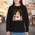 Cute Beanie Ghost Bookworm Cozy Book Reading Halloween Youth Long Sleeve Tee