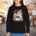 Cute Cozy Ghost Reading With Cat Book Lover Autumn Fall Youth Long Sleeve Tee Cute Cozy Ghost Reading With Cat Book Lover Autumn Fall Youth Long Sleeve Tee