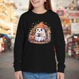 Cute Ghost Drinking Coffee Halloween Reading Book Retro Youth Long Sleeve Tee